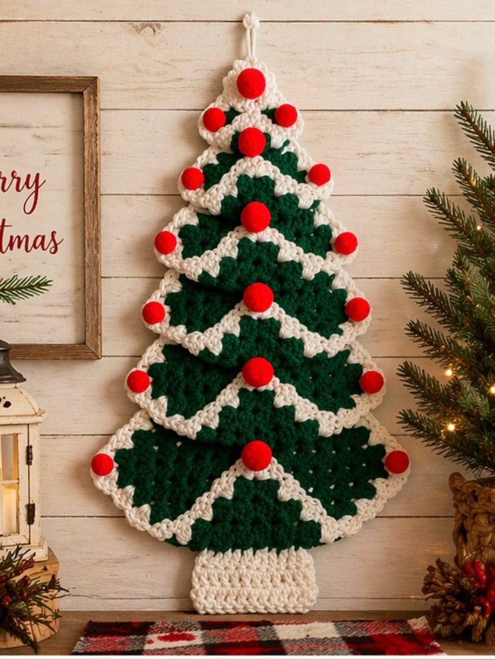 Handmade Crochet Christmas Tree Wall Hanging Pom Pom Holiday Decor